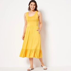 J Jason Wu Solid Knit Ruffle Midi Dress Golden Yellow XS Stretch Autumn Tiered‎